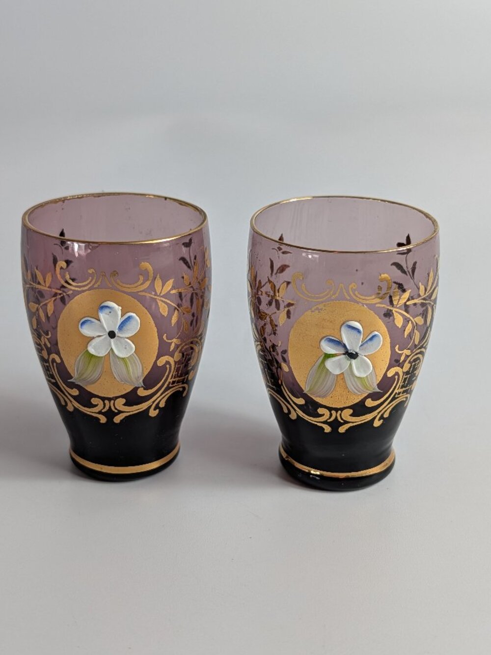 Vintage Purple Glass Cordial Shot Glasses Hand Painted Flowers Gold Detail